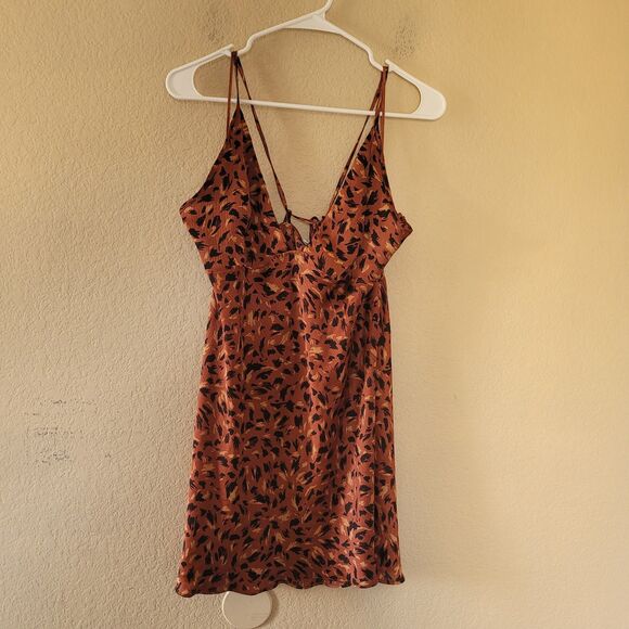 Free People Hang On Satin Halter Slip Dress Size Large Printed Brown 90s Mini - Picture 9 of 10